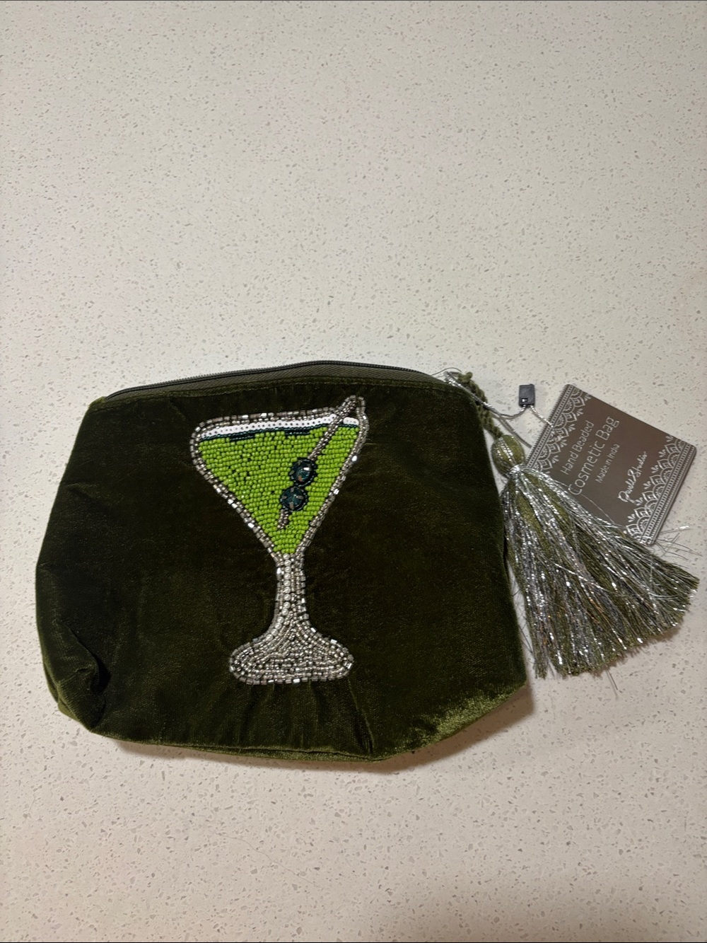 Velvet Martini Beaded Cosmetic Bag - Olive Green